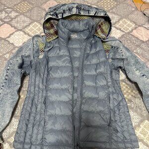 Heat jacket with duck down filling, compact, size M, quilted, lightweight, denim